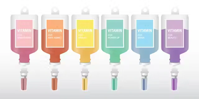 Vitamin IV drips in various colours labelled for hydration, anti-aging, immunity, energy boost, brain health, and beauty treatments.